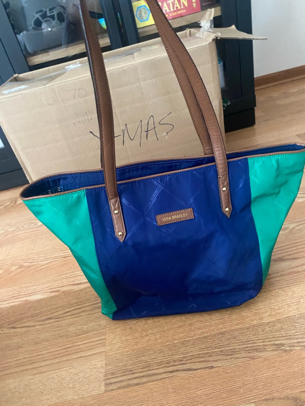 Vera Bradley Blue and Teal Colorblock Tote with Brown Straps